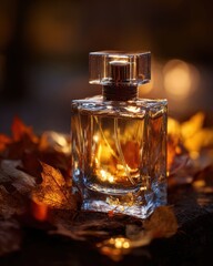 Captivating Fragrance Bottle Amidst Autumn Leaves in Nature's Embrace
