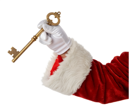 A gloved hand holds a large golden key. The hand is dressed in a white glove and a red coat with white fur trim. The background is transparent, isolated, and suitable for PNG use. - Powered by Adobe