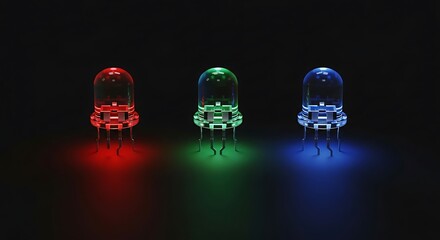 Three glowing red green and blue LEDs on a dark background.