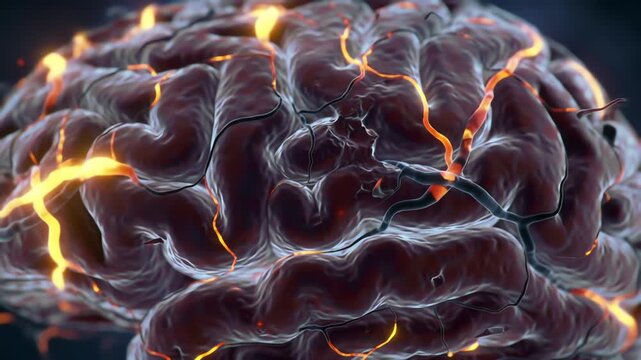human brain inflamed from Japanese encephalitis, swollen tissue, glowing neural activity