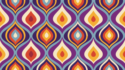 Vibrant abstract geometric repeating pattern with swirling shapes and bold colors