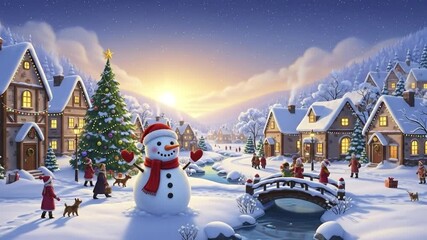 A cheerful snowman stands in a snowy village with a decorated evergreen tree at twilight - Powered by Adobe