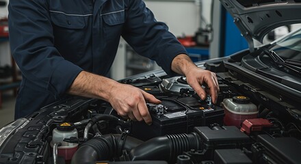 Automotive Technician Replacing Car Battery in Repair Shop