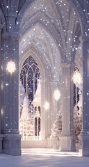 A winter wonderland unfolds within a grand, snowy architectural space, bathed in soft light and adorned with twinkling decorations.