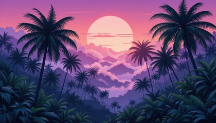 Obraz premium A tropical landscape rendered in great detail under the moonlight, with palm trees swaying in the gentle breeze.