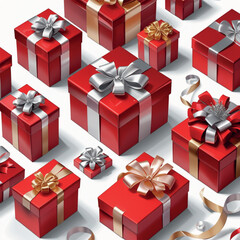 Multiple elegant red gift boxes decorated with shiny ribbons 