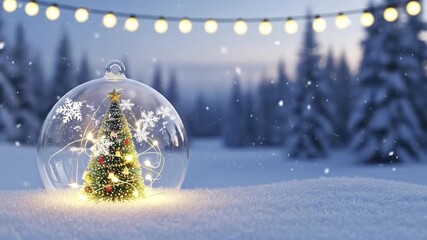 A clear glass ornament holding a small illuminated evergreen tree sits in the snow at twilight with a blurry forest and string lights in the background - Powered by Adobe