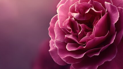 Obraz premium A vibrant close-up of a magenta rose, revealing intricate petals and soft textures against a blurred, complementary background, blurred purple background