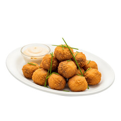 Golden fried mushrooms served on a white plate with creamy dip and fresh chives for a crispy and flavorful appetizer or side dish