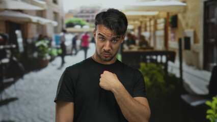 Obraz premium Young hispanic man gestures no with finger on outdoor terrace cafe background