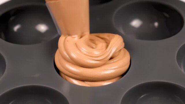 Sweet caramel cream piped into silicone mold preparing delicious dessert