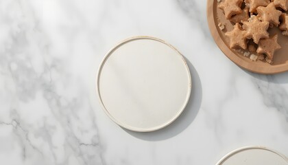Elegant marble table with star cookies and empty plates, perfect for holiday baking blog or festive food photography, offering plenty of space