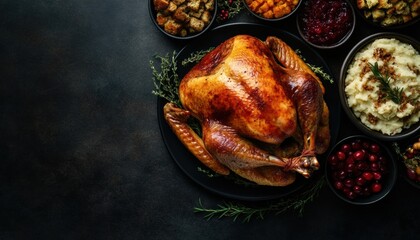 Roasted turkey black plate dark background is golden A beautifully arranged Thanksgiving
