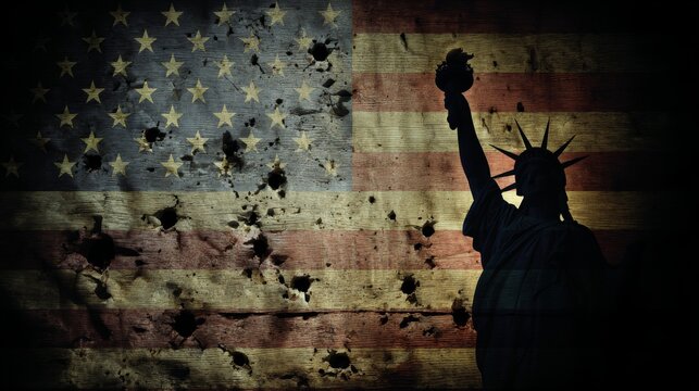 Weathered American flag background with layered bullet hole symbols and translucent Statue of Liberty silhouette, reflecting historical conflict, national struggle and symbolic unrest themes
