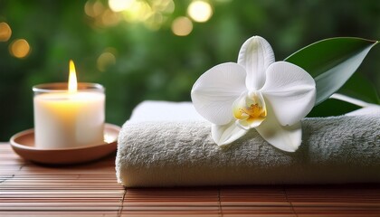 Spa Composition With White Orchid On Folded Towel Burning Candle Green Leaves And Wellness Decor Symbolizing Relaxation Purity And Calm Lifestyle