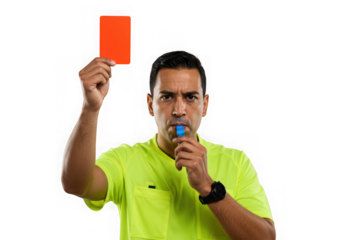 Soccer referee holding a red card and blowing a whistle isolated on transparent background