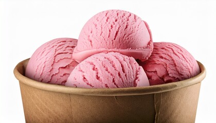 Pink Raspberry Ice Cream Scoops In Brown Paper Cup Isolated On Transparent Background