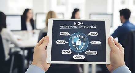 GDPR General Data Protection Regulation on a tablet screen in a business meeting.