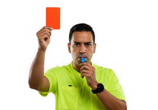 Soccer referee holding a red card and blowing a whistle isolated on transparent background