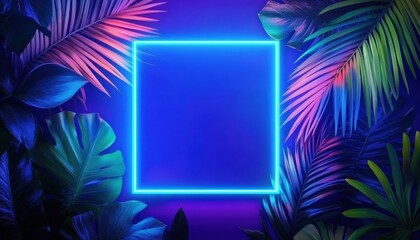 Square frame made up tropical leaves are Blue and pink neon