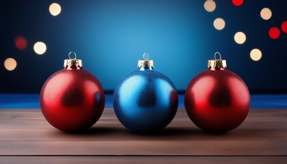 Three Red And Blue Christmas Ornaments On A Wooden Table The Table Is Decorated With A Blue Background And The Ornaments Are Placed In The Center