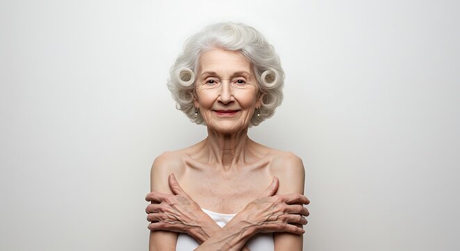 Elderly white woman, thin and fragile build, short permed gray hair, kind smile, standing on a plain white background.