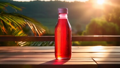 Refreshing Red Drink Bottle On Wood Table In Sunlight