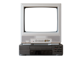 Old vintage TV with white screen and VCR from the 1980s, 1990s, 2000s, isolated on white background.