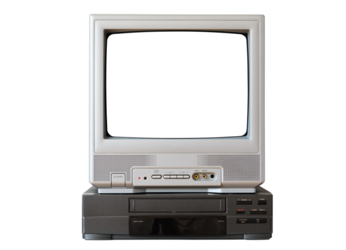 Old vintage TV with white screen and VCR from the 1980s, 1990s, 2000s, isolated on white background.
