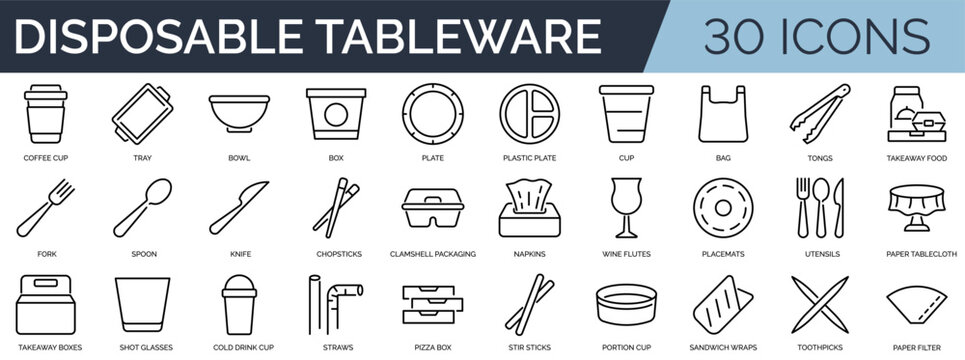 Set of 30 outline icons related to disposable tableware. Linear icon collection. Editable stroke. Vector illustration