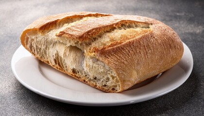 Fresh Ciabatta On A White Plate Grey Stone Background Close Up