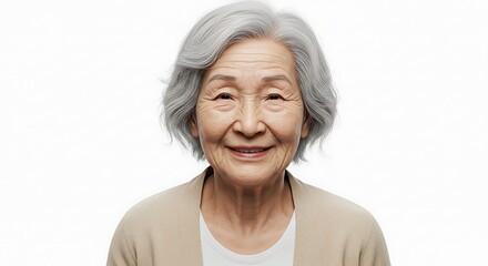 Elderly Asian woman, short silver hair, deep wrinkles, warm smile, wearing a light cardigan, isolated on a pure white background.