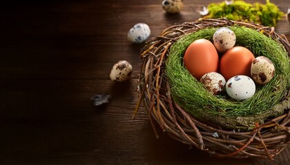 Easter Nest Of Birch Twigs And Green Moss With Chicken And Quail Eggs On Wooden Background
