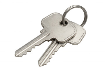 Metal house keys on a keyring, symbolizing ownership, security, and accessing a new home, isolated on transparent background
