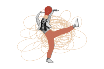 Composite trend artwork sketch photo collage of poster young lady student head hold lamp electricity idea creative walk step funny