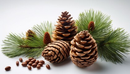 Natural Cedar Cones With Pine Nuts Carefully Arranged On White Surface Perfect For Botanical Culinary Or Decorative Visuals