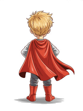 Confident Young Boy in Red Cape and Boots