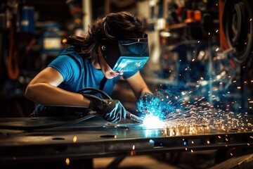 Welder working piece metal workshop is wearing blue Woman in welding helmet
