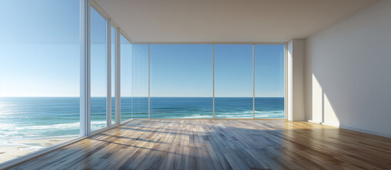 Modern minimalist empty room with glass windows overlooking the ocean, white walls and wooden floor, luxury beach house style