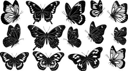 Fototapeta premium Flying butterflies silhouette black set isolated on transparent background