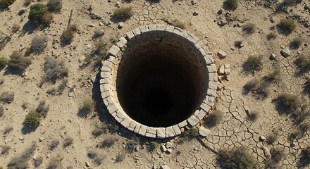 An empty well with cracked stone walls, symbol of water shortage and poverty