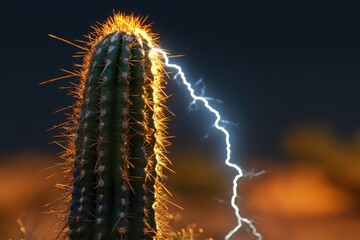 Naklejka premium A striking saguaro cactus illuminated by a powerful lightning bolt during a dark desert storm. Nature's raw energy captured in a dramatic arid landscape.