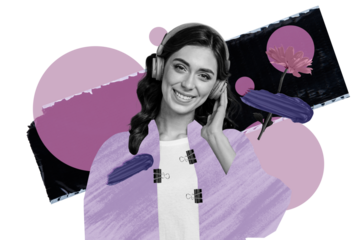 Composite photo collage of happy pretty girl listen music headphones chrysanthemum flower bloom meloman isolated on painted background