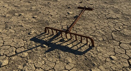 Rusty farming tool left abandoned in dry earth, symbol of poverty in rural life