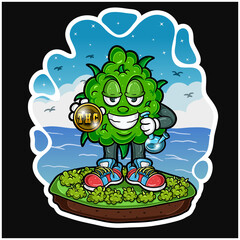 Weed bud enjoy the island Holding a bong and Island backgrounds cartoon.