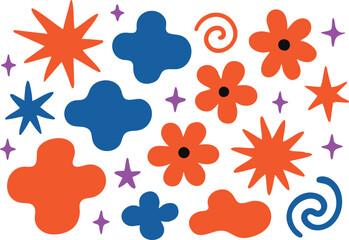 Vector playful abstract pattern with colorful starburst flower spiral and clover icons
