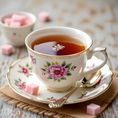 Edle Teetasse und Zuckerw&uuml;rfel