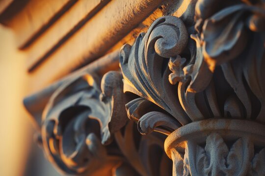 Ornate stone architectural carvings, possibly a Corinthian capital, illuminated by warm golden hour sunlight, highlighting intricate details and textures.