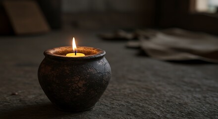 A small fragile candle burning inside a dark, cracked clay pot, symbol of hope in poverty