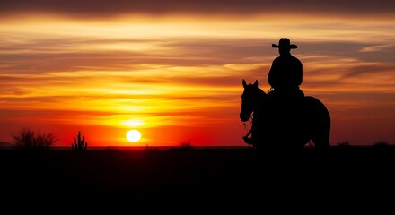 Silhouette of a cowboy on horseback against a vibrant sunset sky.